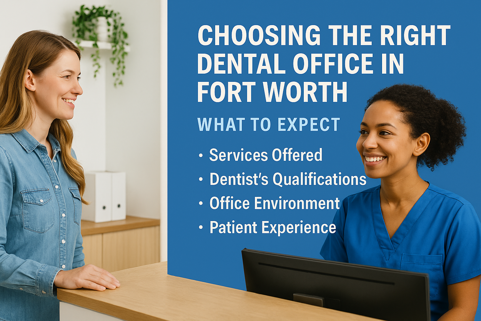 Patient checking in at a dental office in Fort Worth—what to expect at your first visit: services and dentist qualifications.