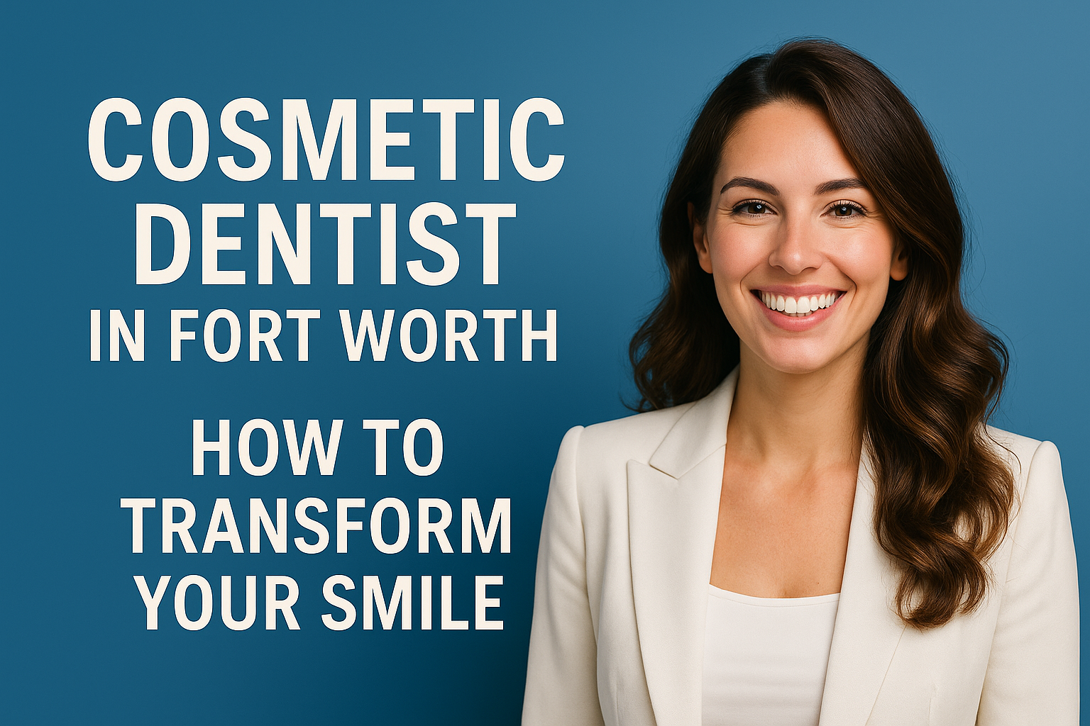 Smiling woman beside the words “Cosmetic Dentist in Fort Worth — How to Transform Your Smile,” representing a smile makeover at Bentley Dental.